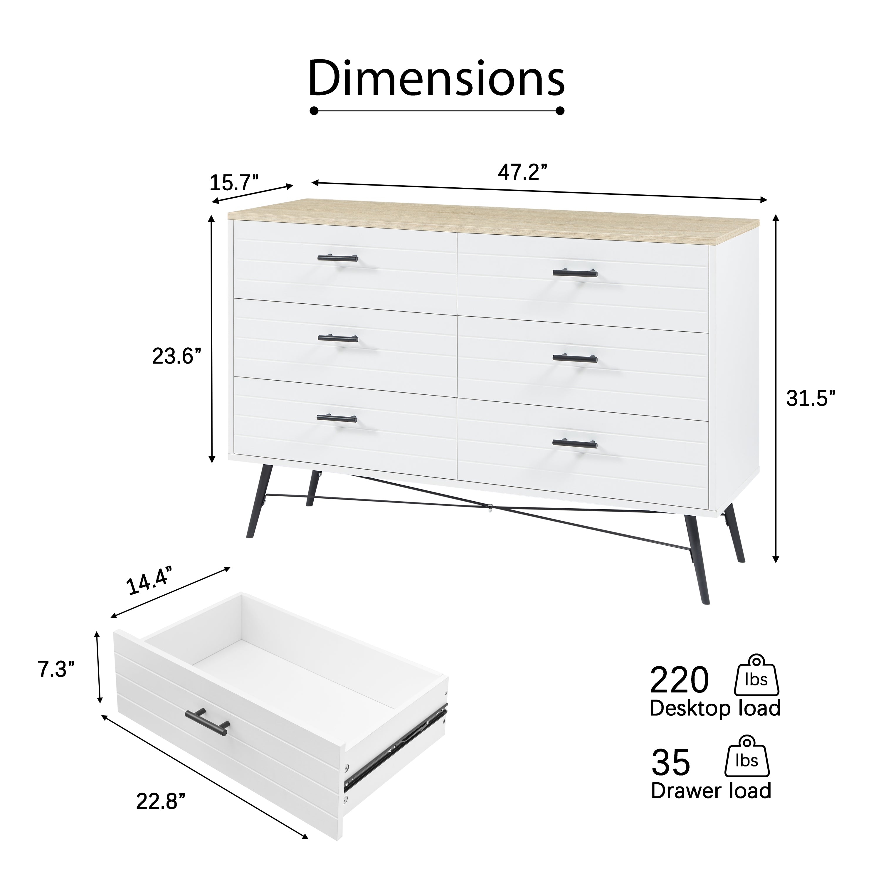 6 Drawer Dresser for Bedroom with Deep Drawers, Wood Dressers & Chest of Drawers, Modern White Long Dressers for Closet Living Room, 47.2"W x 15.7"D x 31.5"H, White & oak