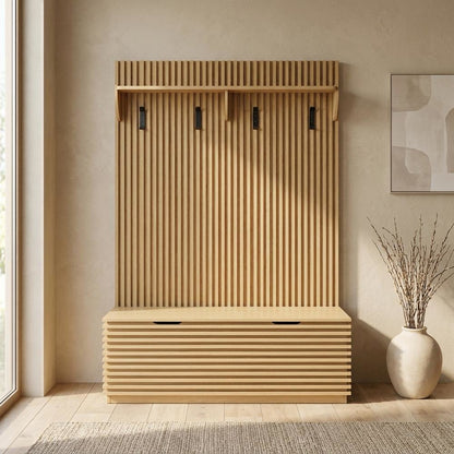 Fluted Hall Tree with Storage Bench, Coat Rack & Shoe Storage, Entryway, Oak
