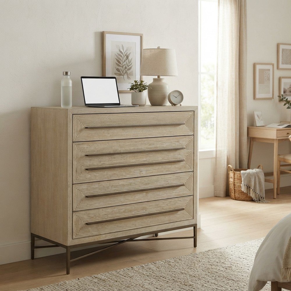 Six-Drawer Tall Filing Cabinet, Veneer and Metal Frame, Beige