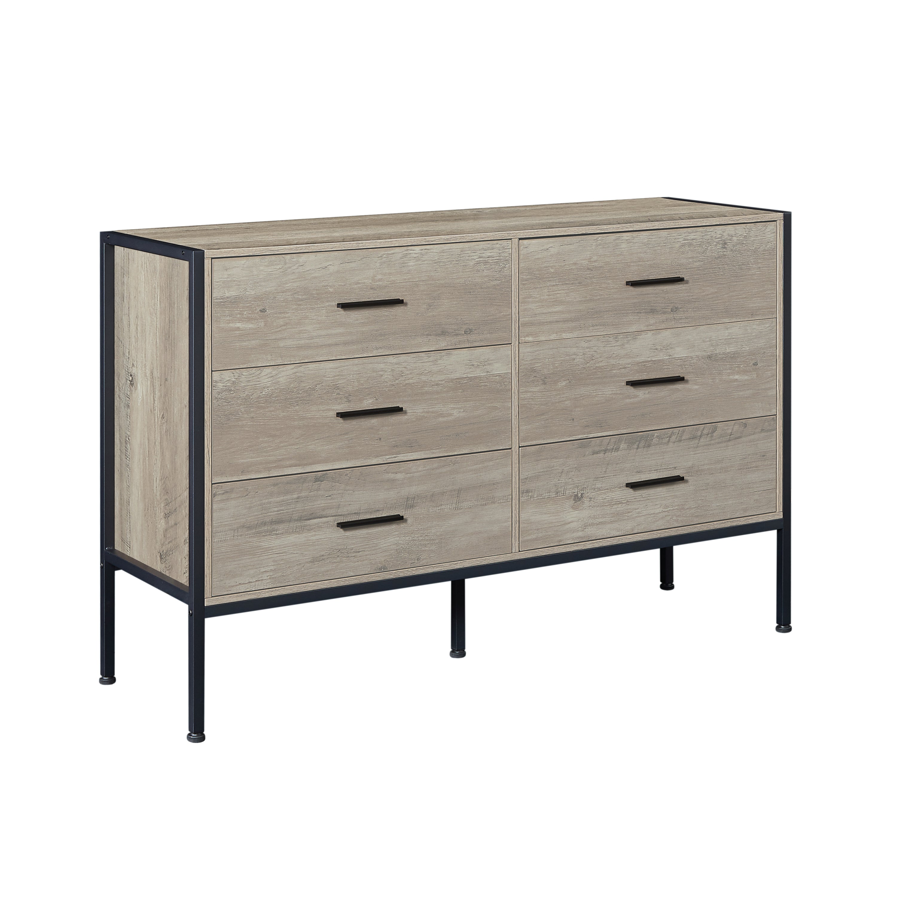 Wood Dresser with 6 Drawers, Wooden Storage Closet for Bedroom, Solid Clothes Cabinet with Sturdy Steel Frame, 48.58"W×15.75"D×31.22"H, 48 inch, Rustic Grey