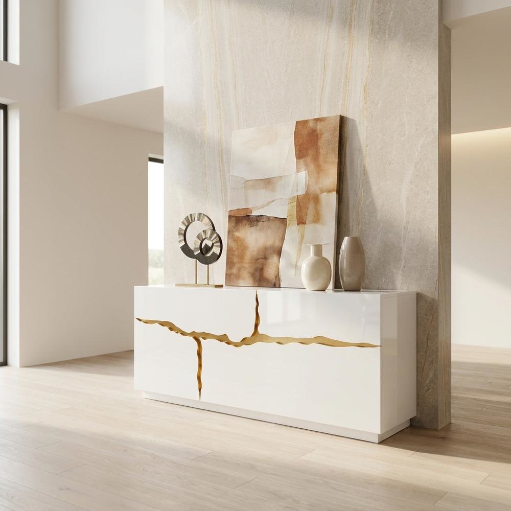 Modern High Gloss MDF Buffet with Gold Accents and Storage Doors for Dining Room