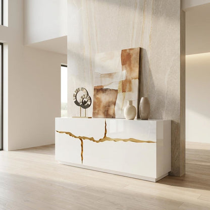 Modern High Gloss MDF Buffet with Gold Accents and Storage Doors for Dining Room