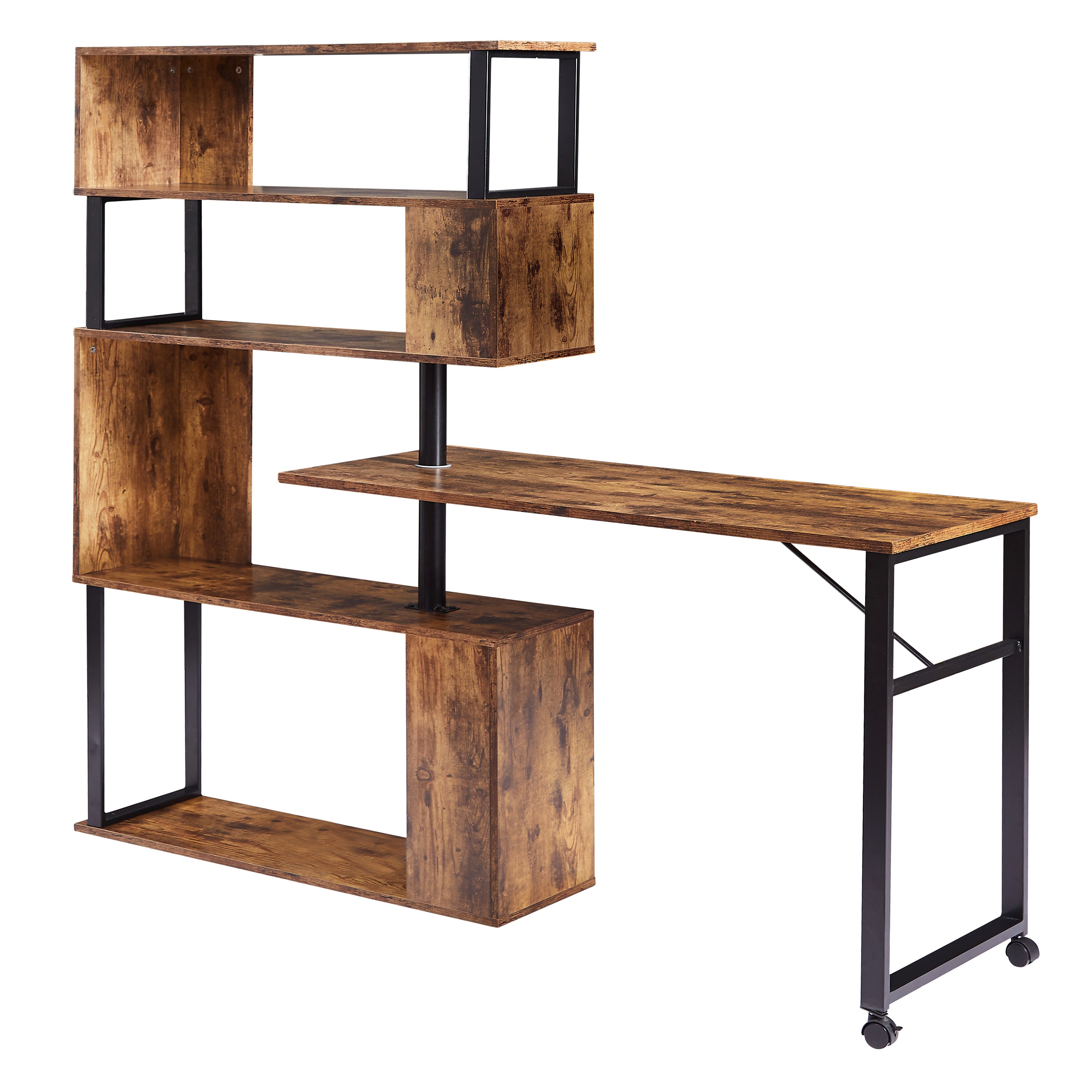 Home Office Computer Desk L-Shaped Corner Table, Rotating Computer Table with 5-Tier Bookshelf, Four Installation Methods, Lockable Casters (Tiger)