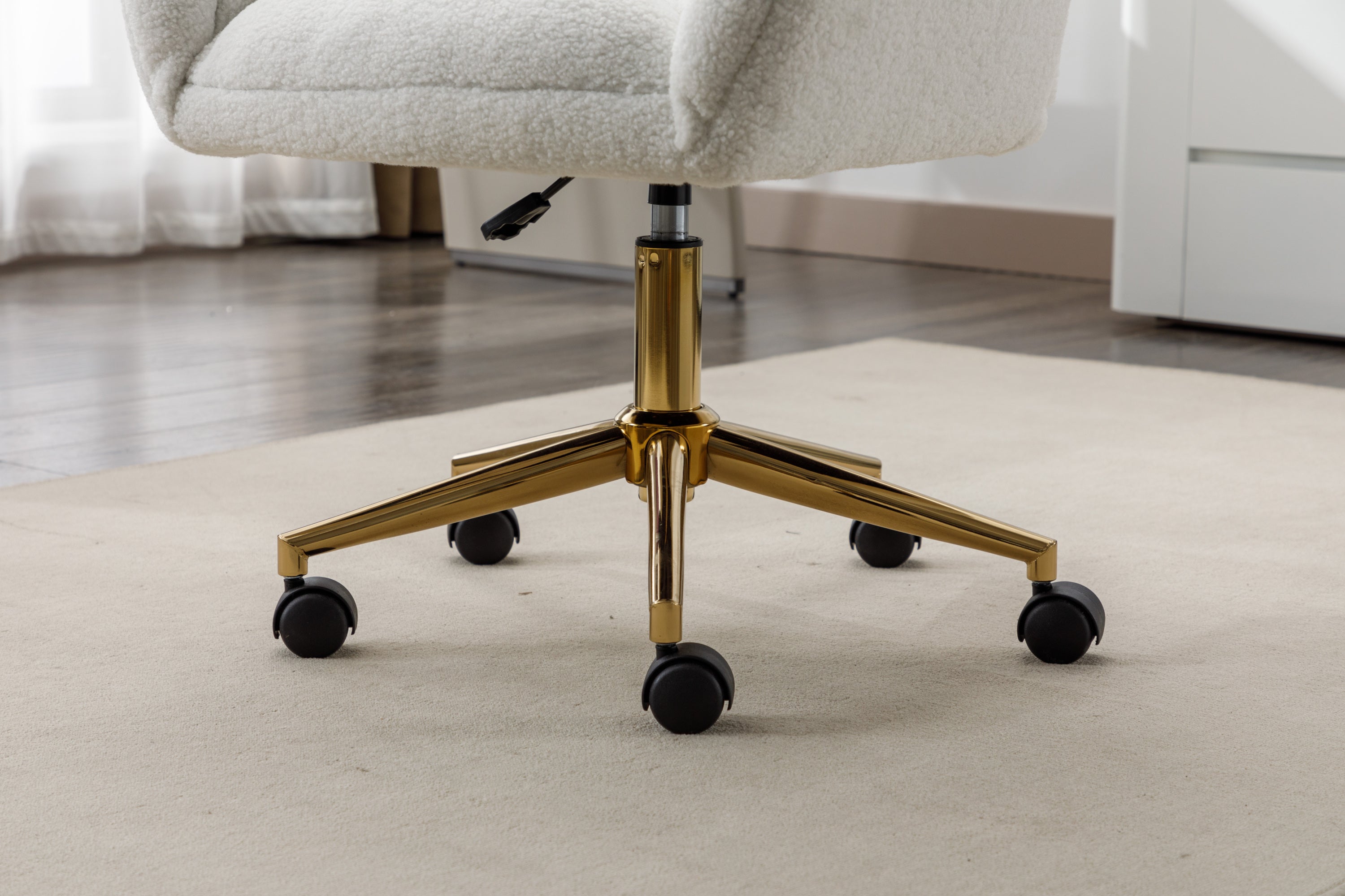 005-Teddy Fabric 360 Swivel Home Office Chair With Gold Metal Base And Universal Wheels,Ivory