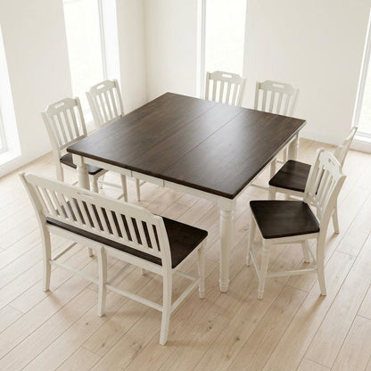 Rubberwood Farmhouse Counter Height Table, Bench & Chairs 8-Piece, Soft Grey