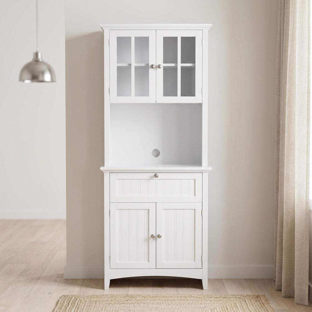 Metal and wood buffet with framed glass doors and drawer for stylish storage
