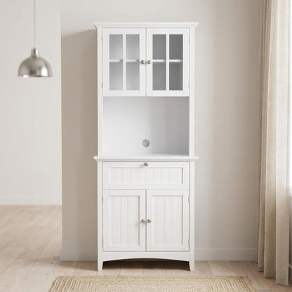 Metal and wood buffet with framed glass doors and drawer for stylish storage