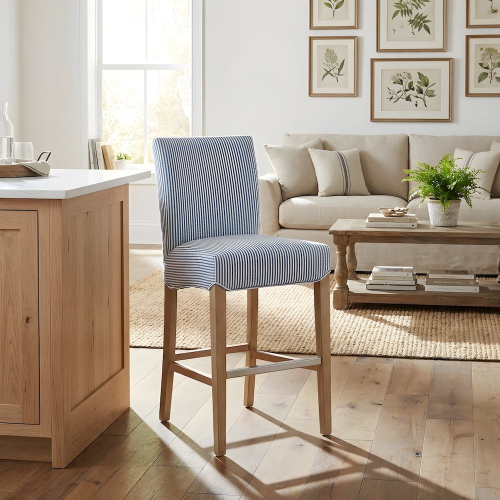Fabric-Upholstered Bucket Seat Counter Stool with Birch Legs, Blue Stripes