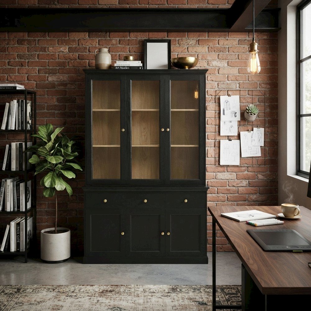 Tall Storage Display Cabinet with Glass Doors, Adjustable Shelves and Drawers