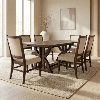 Acacia Veneer Farmhouse Dining Table 7-Piece with Upholstered Chairs, Oak