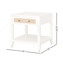 White Side Table with Drawer, Natural Rattan Inlay, Brass Hardware