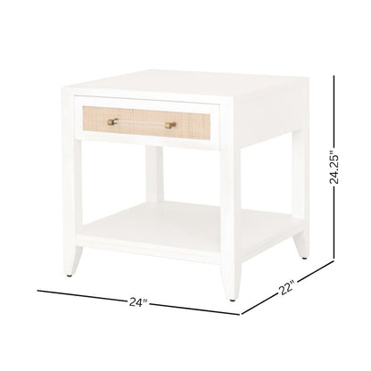 White Side Table with Drawer, Natural Rattan Inlay, Brass Hardware