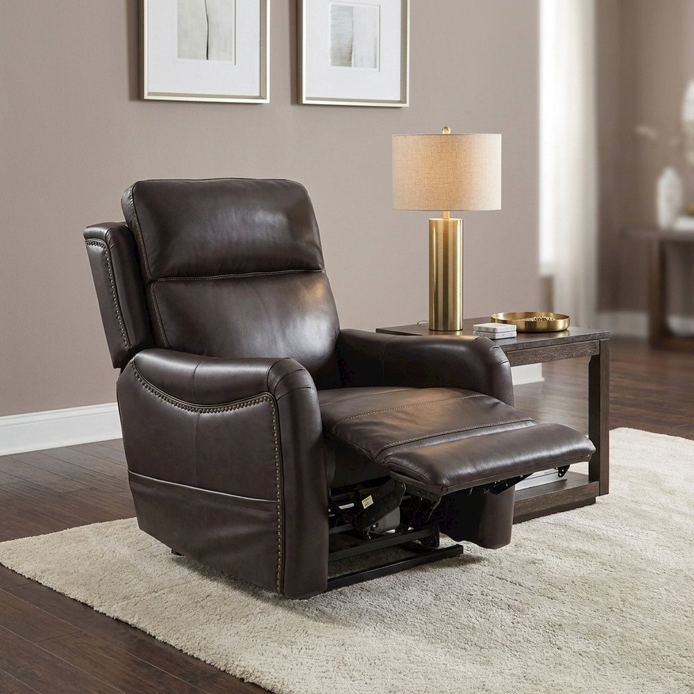 Brown Leather Power Lift Recliner with Heat, Power Headrest & Lumbar Support