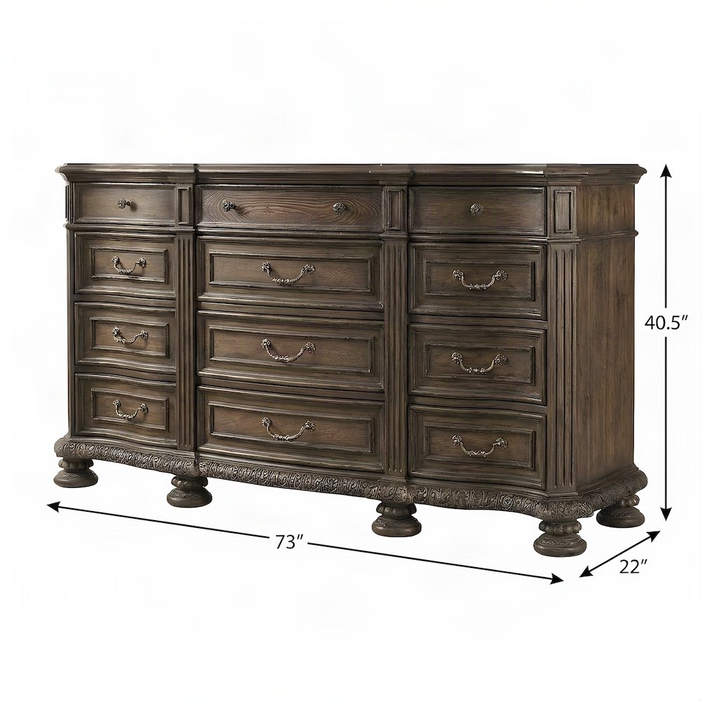 Pecan Veneer Home Office Credenza with Twelve Drawers, Rustic Walnut