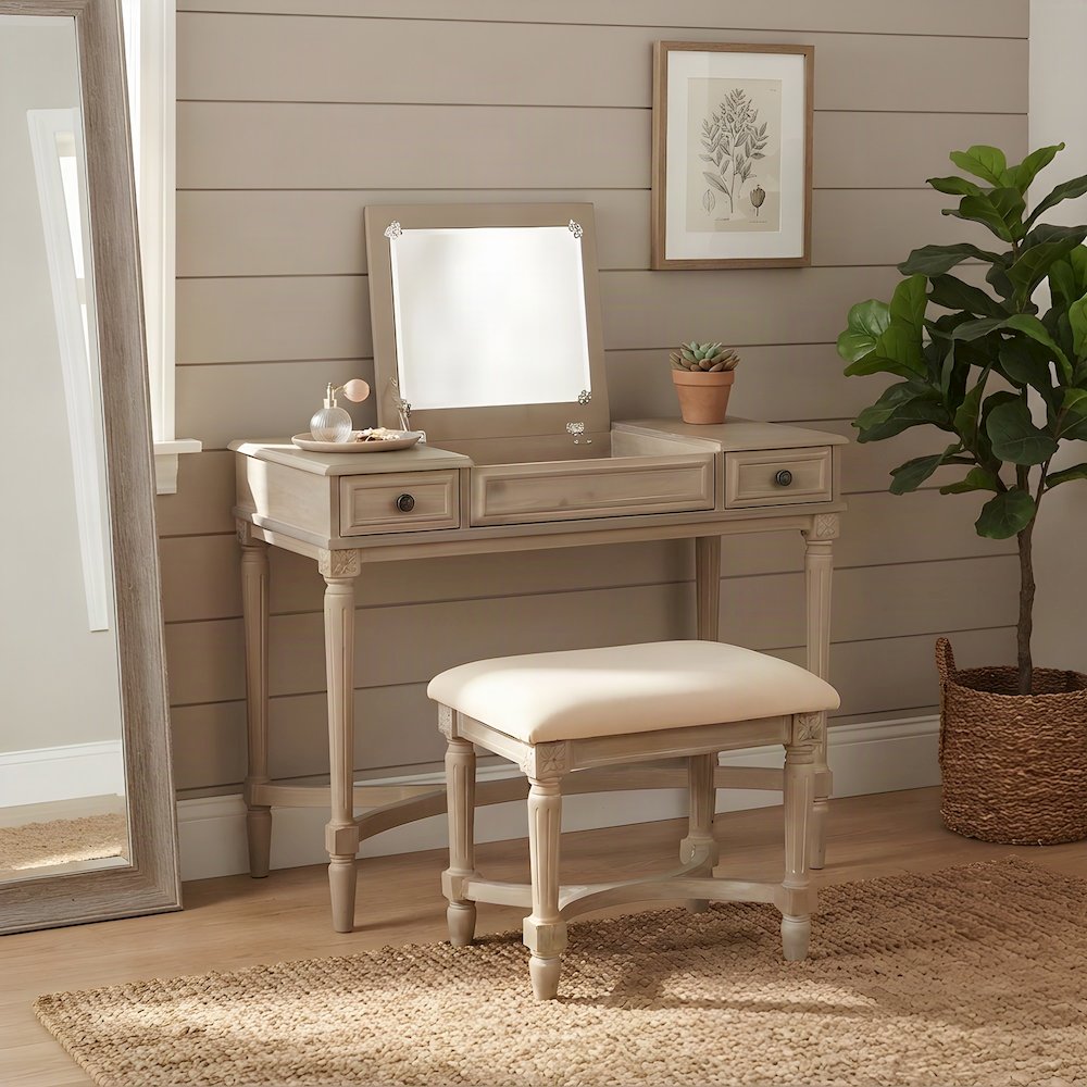 Rubberwood Bedroom Vanity with Lift-Top Storage and Padded Stool, Gray Wash