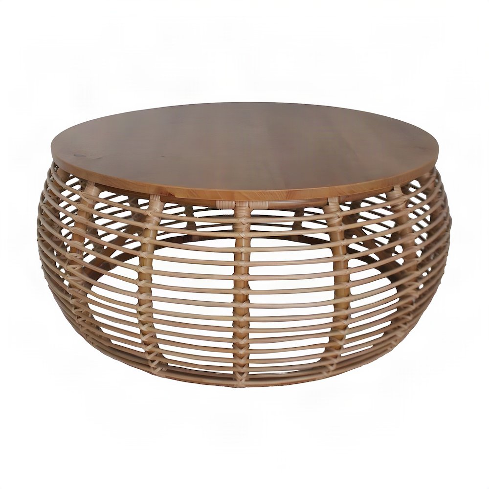 Solid Mindi Wood and Rattan Coffee Table, Fully Assembled Boho Accents, Honey
