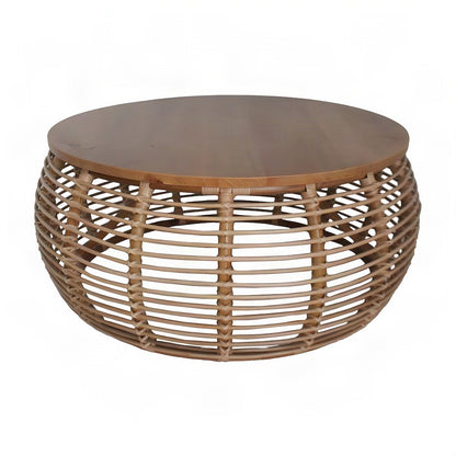 Solid Mindi Wood and Rattan Coffee Table, Fully Assembled Boho Accents, Honey