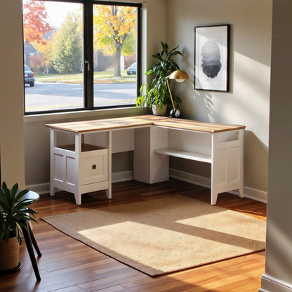 White Office Desk with L-Shape Design, Engineered Wood, Large Workstation