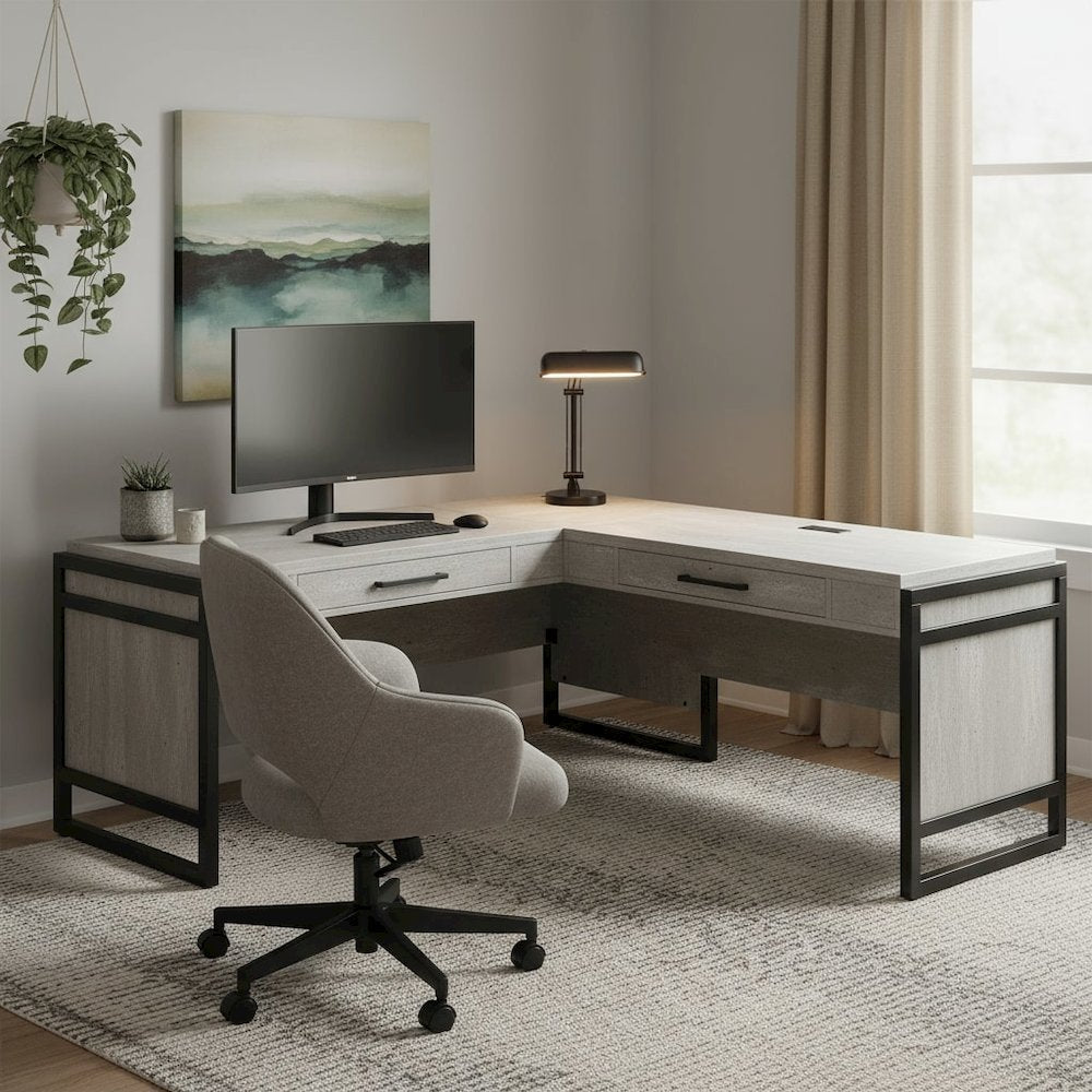 Open L-Desk & Return, Pencil Drawers, Power Center, Gray
