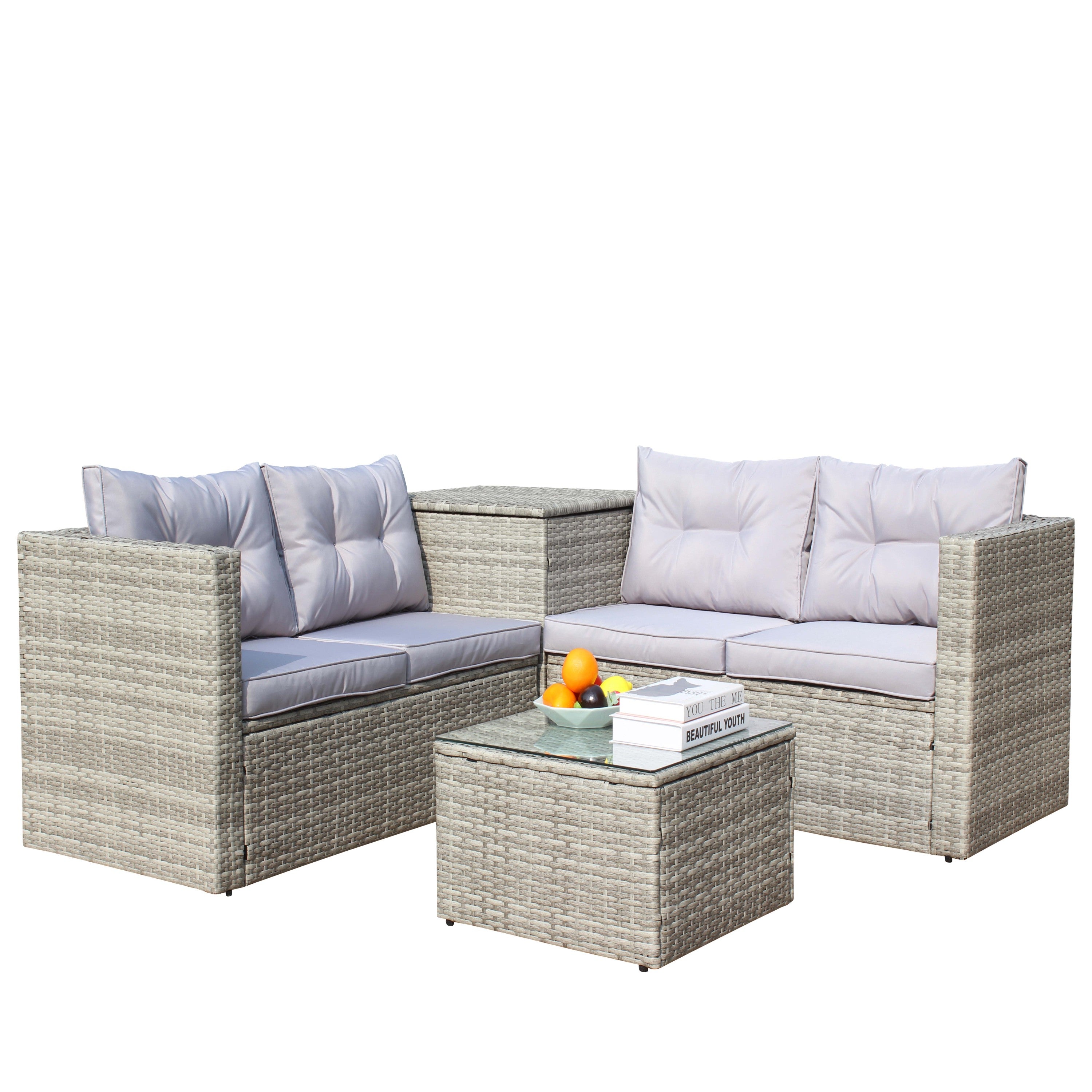 4 Piece Patio Sectional Wicker Rattan Outdoor Furniture Sofa Set with Storage Box Grey