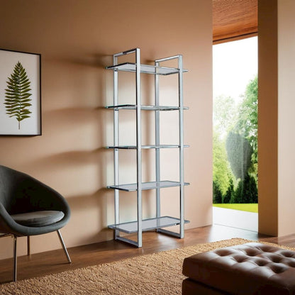 Sleek Five-Tier Bookcase with Glass Shelves and Polished Chrome Frame
