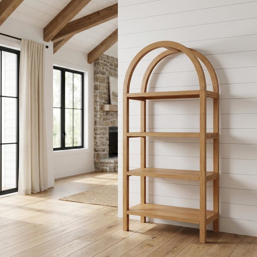 60-Inch Arched Bookshelf in Warm Oak Finish with Multiple Shelves