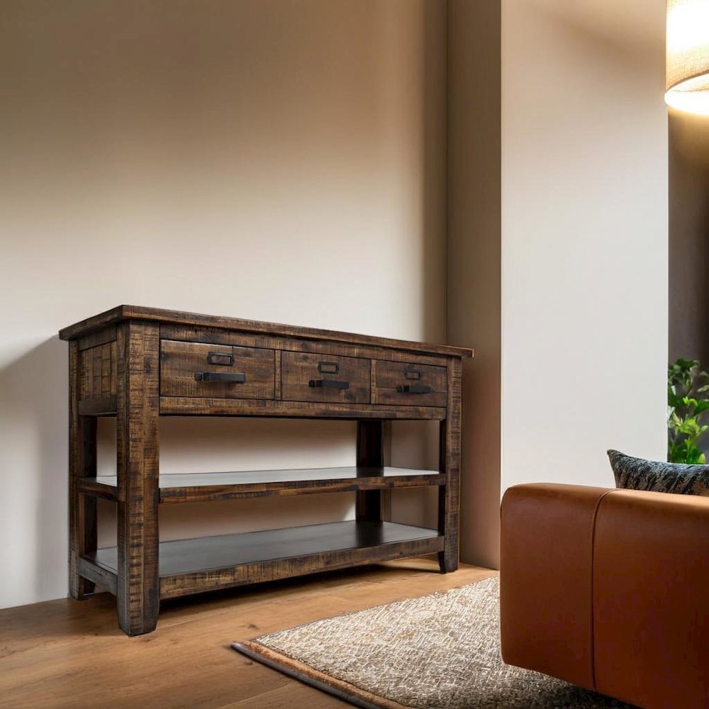 50-Inch Gray Sofa Table with Distressed Industrial Design, Acacia Construction
