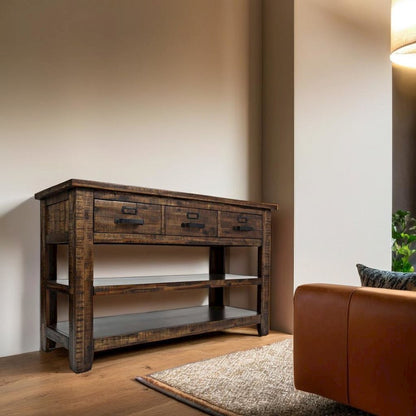 50-Inch Gray Sofa Table with Distressed Industrial Design, Acacia Construction