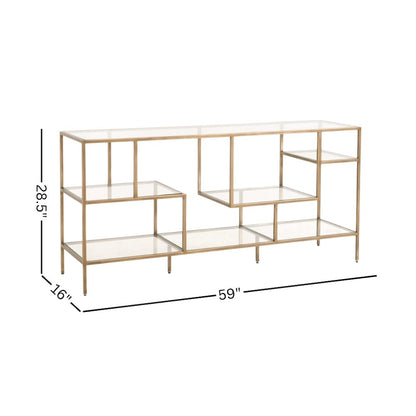 Brown Low Bookcase, Metal Shelving, Tempered Glass, Geometric Design