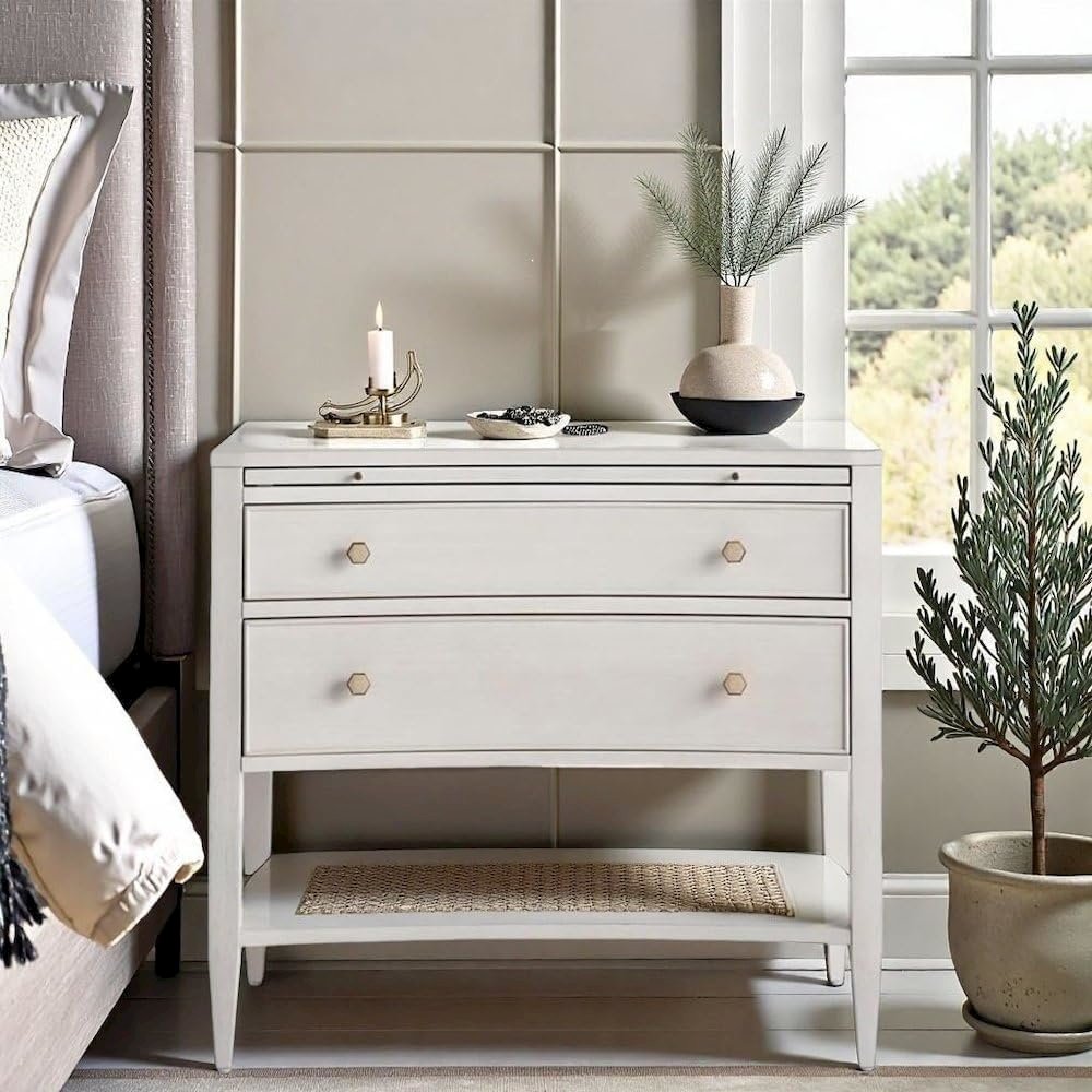 Elegant White Nightstand with Two Drawers and Pull-Out Shelf Design