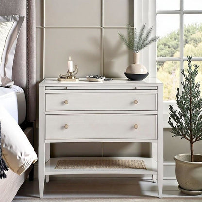 Elegant White Nightstand with Two Drawers and Pull-Out Shelf Design